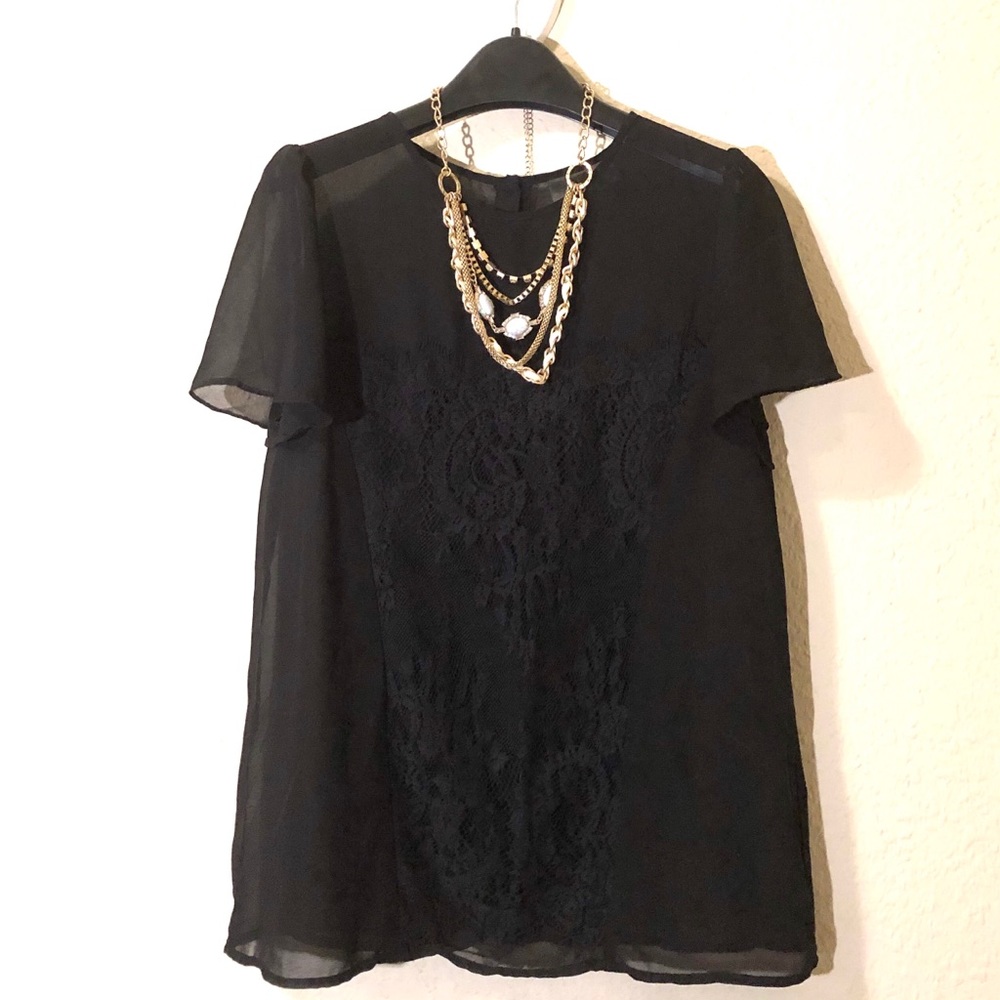 Black Sheer Top With Lace Size M